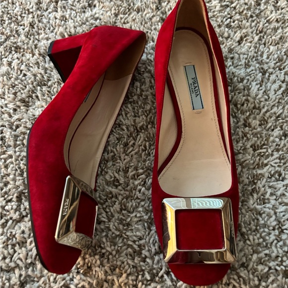 Prada Suede red nubuc  Heels Large Buckle - Picture 1 of 11